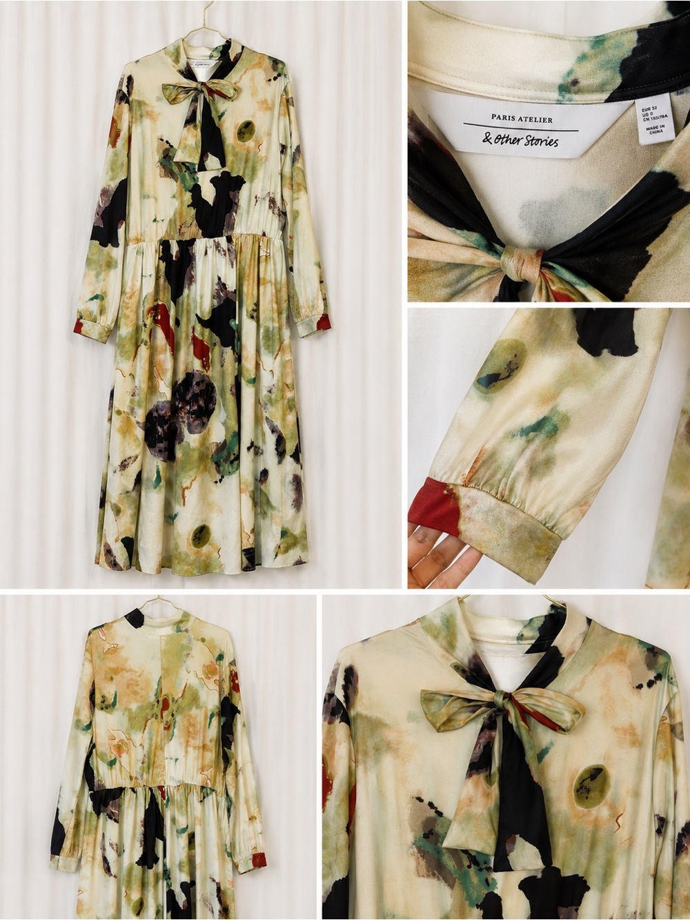 & Other Stories Cream Watercolor Tie-Neck Midi Dress